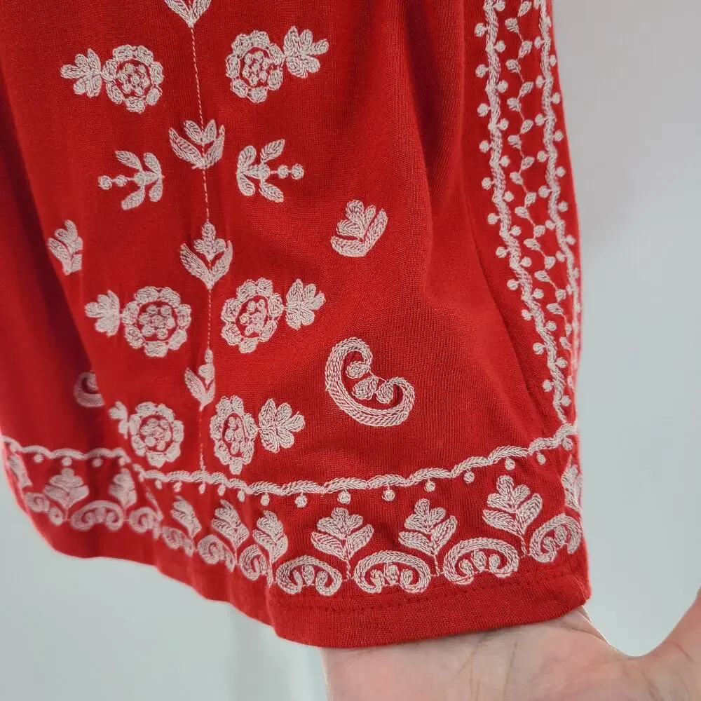Anthropologie Embroidered Tank Top Small‎ Red Keyhole Bohemian Festive Paisley